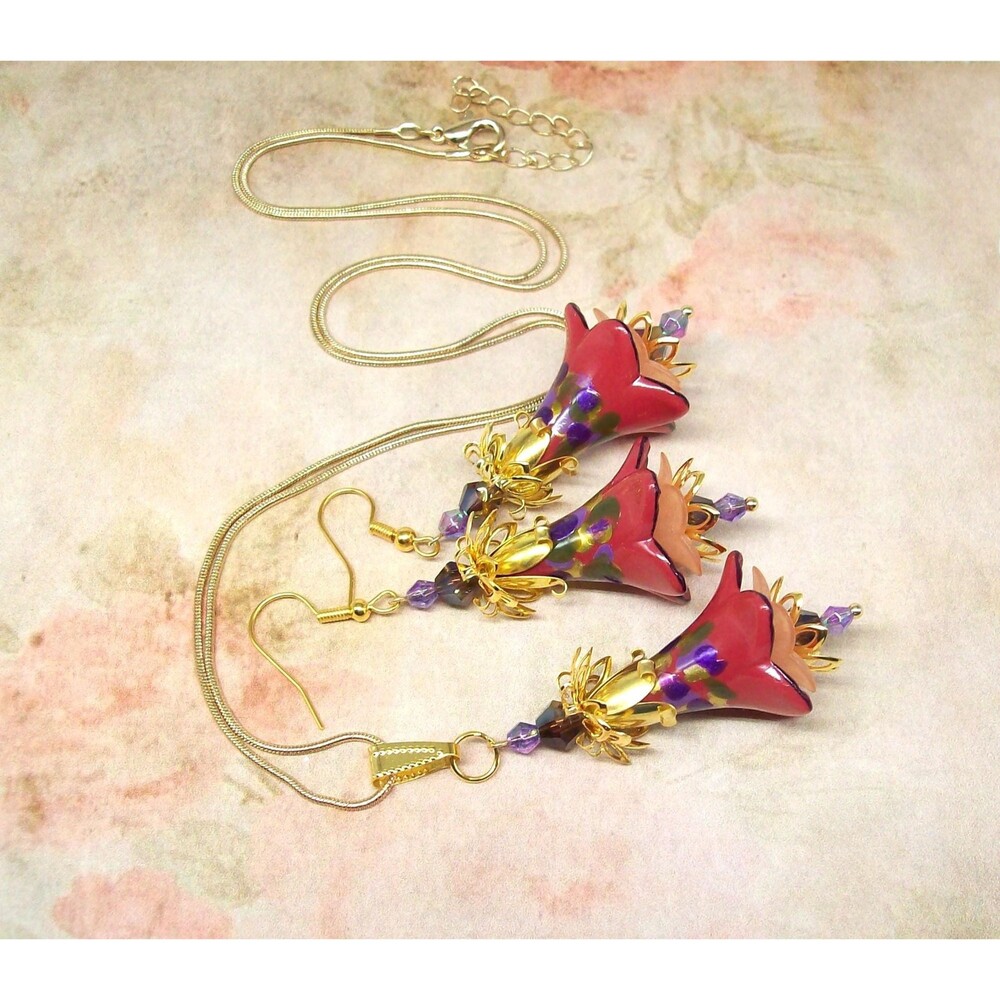 Boho Floral Earrings & Matching Necklace, Spring Jewelry Set, Gold, or Antique B